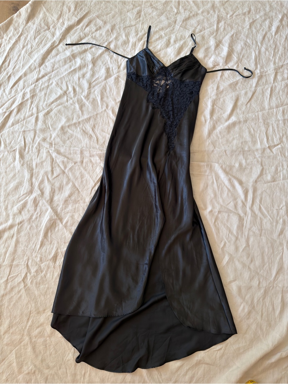La vie en rose Lace-Accent Black Satin Slip Dress with Thigh Slit small - Picture 6 of 14